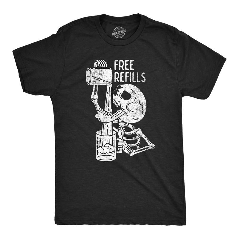 Mens Free Refills T Shirt Funny Halloween Drinking Skeleton Joke Tee For Guys Mens Funny T Shirts Cool Tees Soft Stylish Casual Menswear Halloween Apparel for Men Funny Drinking Short Sleeve Novelty Black -