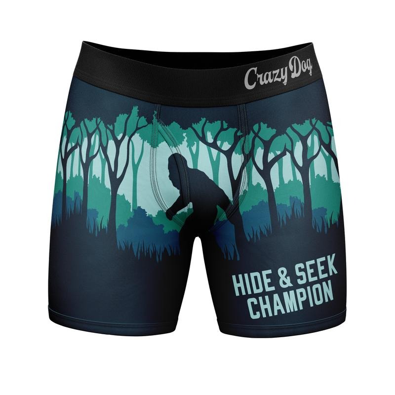 Mens Funny Boxers Hide and Seek Champion Sarcastic Bigfoot Underwear for Men Funny Graphic Boxers Funny Animal Mens Novelty Boxer Briefs Multi -