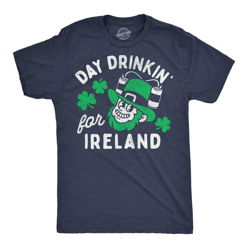Mens Funny T Shirts Day Drinkin for Ireland Sarcastic St Patricks Day Novelty Tee for Men Mens Funny T Shirts Cool Tees Soft Stylish Casual Menswear Saint Patrick's Day Apparel for Men Funny Drinking Navy - Day