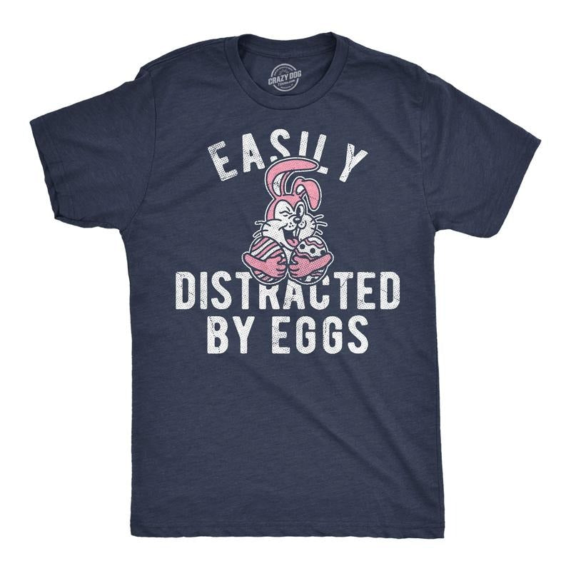 Mens Funny T Shirts Easily Distracted By Eggs Sarcastic Easter Graphic Novelty Tee For Men Mens Funny T Shirts Cool Tees Soft Stylish Casual Menswear Easter Apparel for Men Funny Sarcastic Short Navy -