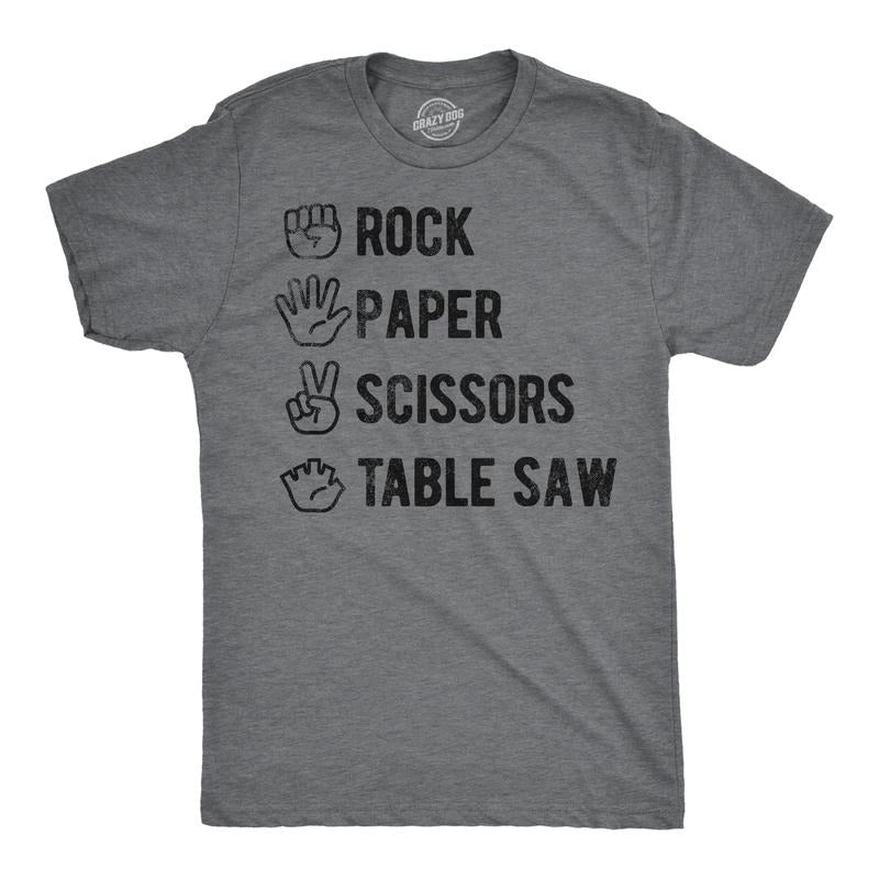 Mens Funny T Shirts Rock Paper Scissors Table Saw Sarcastic Novelty Tee for Men Mens Funny T Shirts Cool Tees Soft Stylish Casual Menswear Funny Sarcastic Short Sleeve Novelty Tees for Guys Dark Grey