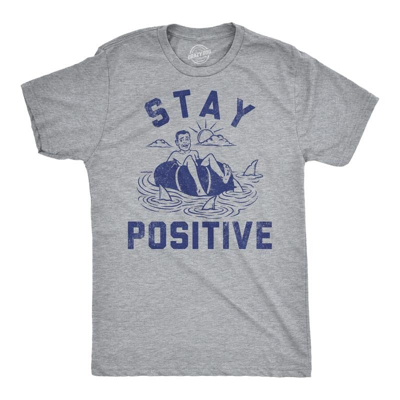 Mens Funny T Shirts Stay Positive Shark Attack Sarcastic Graphic Tee For Men Mens Funny T Shirts Cool Tees Soft Stylish Casual Menswear Shark Apparel for Men Funny Sarcastic Short Sleeve Novelty Tees Light Grey