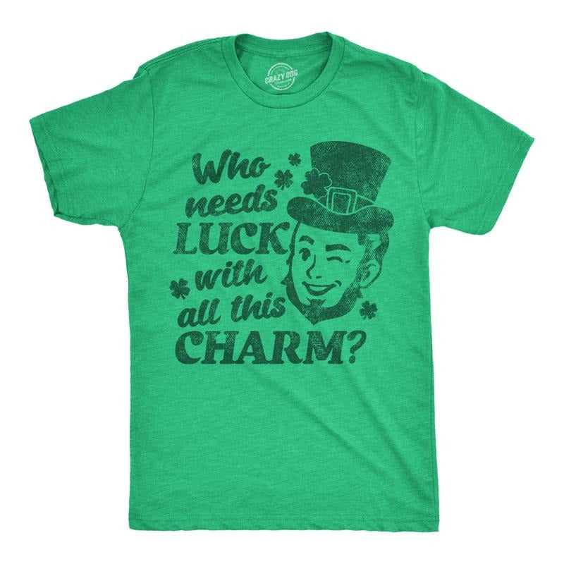 Mens Funny T Shirts Who Needs Luck With All This Charm Winking Leprechaun Tee For Men Mens Funny T Shirts Cool Tees Soft...
