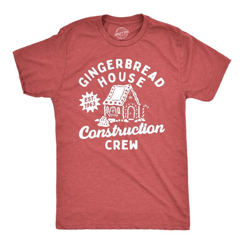 Mens Gingerbread House Construction Crew T Shirt Funny Xmas Treat Joke Tee For Guys Mens Funny T Shirts Cool Tees Soft Stylish Casual Menswear Christmas Apparel for Men Funny Sarcastic Short Sleeve Red -
