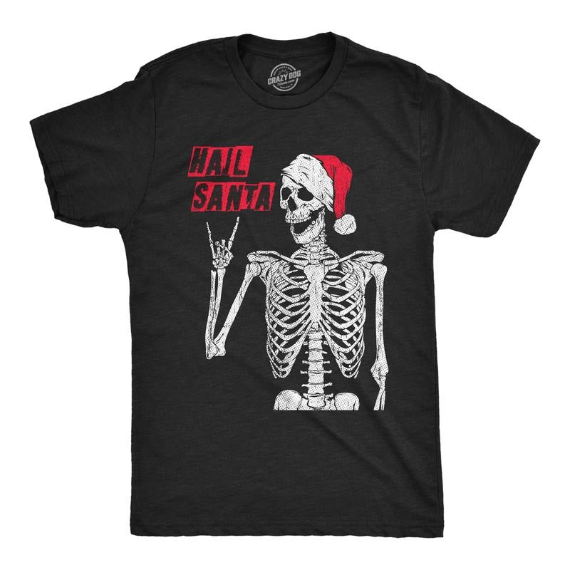 Mens Hail Santa T Shirt Funny Xmas Skeleton Metal Horns Joke Tee For Guys Mens Funny T Shirts Cool Tees Soft Stylish Casual Menswear Christmas Apparel for Men Funny Sarcastic Short Sleeve Novelty Tees Black -
