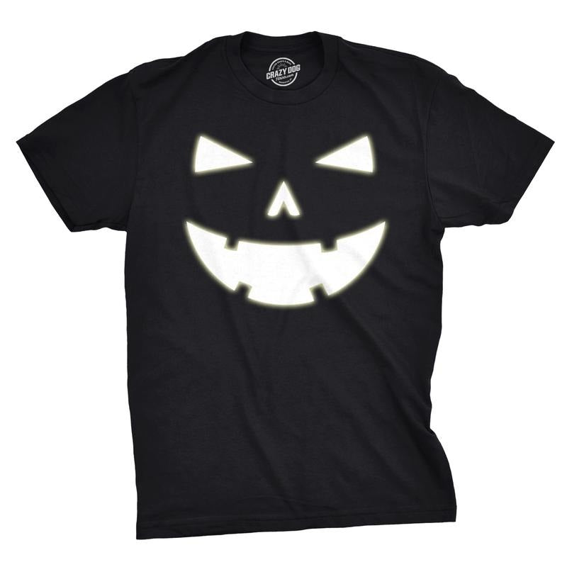 Mens Happy Tooth Glowing Pumpkin Face Glow In The Dark Halloween Tee Mens Funny T Shirts Cool Tees Soft Stylish Casual Menswear Halloween Apparel for Men Novelty Tees for Guys Black - 4XL