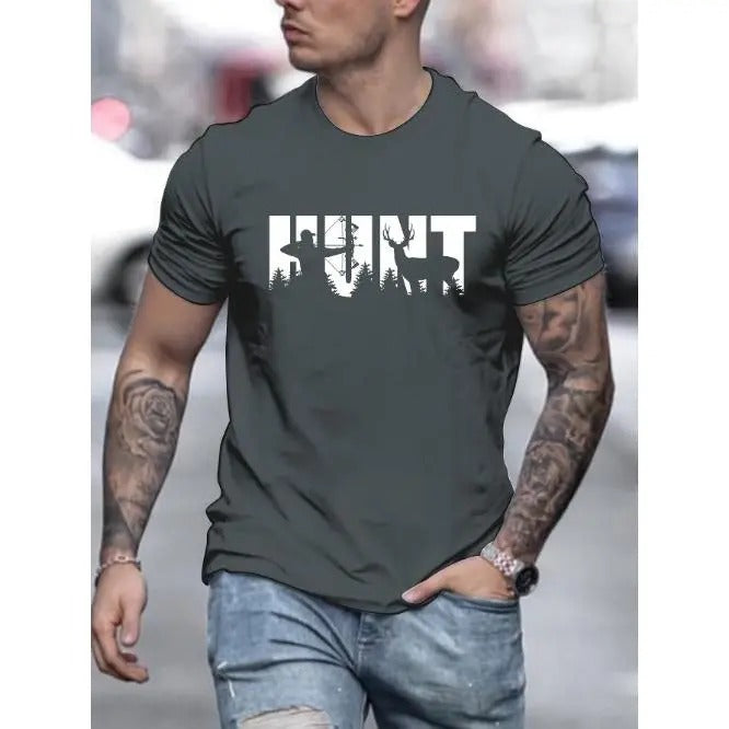 Mens Hunting Buck Print T-Shirt - Lightweight & Breathable, Short Sleeve, Regular Fit Tee - Fashionable Casual Wear for Spring Summer, Perfect Leisure Vacation Top & Gift Idea Made in USA