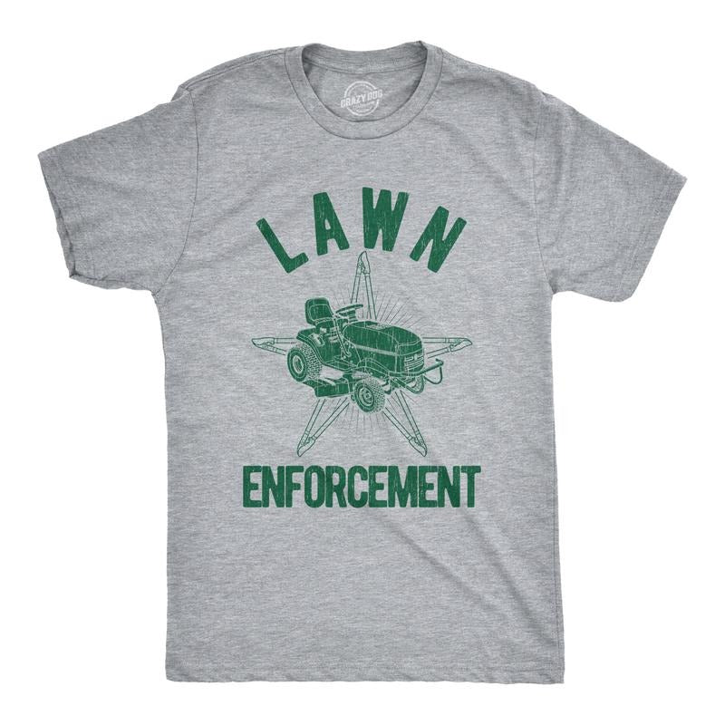 Mens Lawn Enforcement T Shirt Funny Lawnmower Police Cop Tee Mens Funny T Shirts Cool Tees Soft Stylish Casual Menswear Dad Joke Apparel for Men Novelty Tees for Guys Light Grey