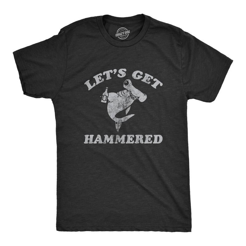 Mens Lets Get Hammered T Shirt Funny Hammerhead Shark Drinking Partying Joke Tee For Guys Mens Funny T Shirts Cool Tees Soft Stylish Casual Menswear Drinking Apparel for Men Funny Animal Short Sleeve Black -