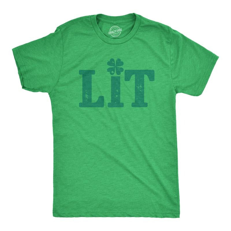 Mens Lit Shamrock T Shirt Funny Day Drinking Saint Patricks Day St Patty Tee Mens Funny T Shirts Cool Tees Soft Stylish Casual Menswear Saint Patrick's Day Apparel for Men Funny Drinking Short Sleeve Green -