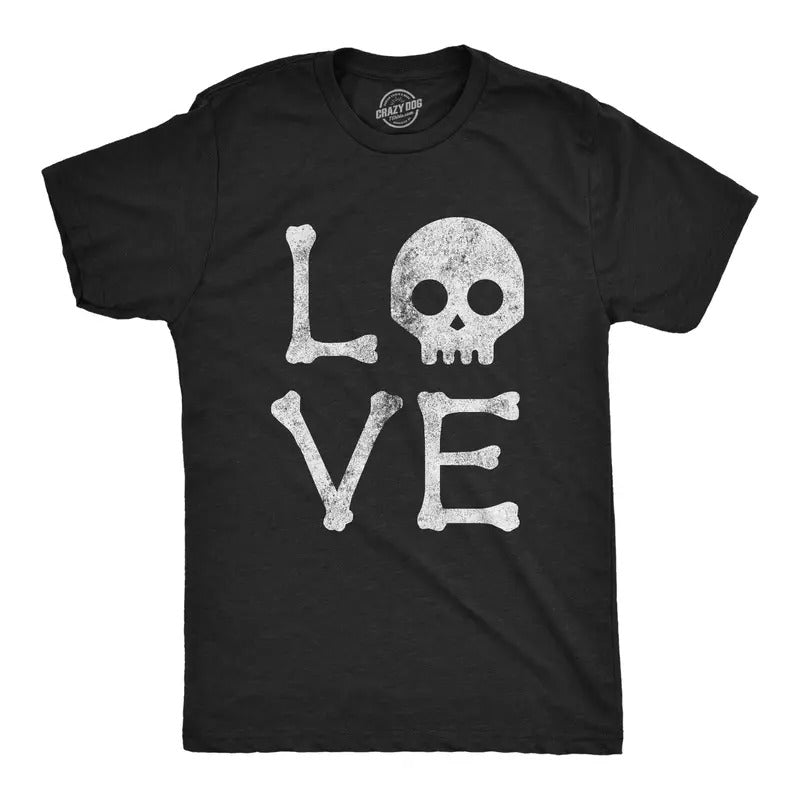 Mens Love Skull T Shirt Funny Skeleton Bones Halloween Party Graphic Tee Mens Funny T Shirts Cool Tees Soft Stylish Casual Menswear Halloween Apparel for Men Novelty Tees for Guys Black -