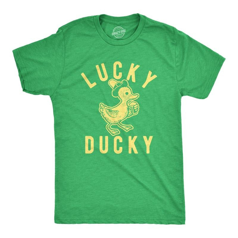 Mens Lucky Ducky T Shirt Funny Saint Patrick's Day Parade St. Paddy's Novelty Tee for Guys Mens Funny T Shirts Cool Tees Soft Stylish Casual Menswear Saint Patrick's Day Apparel for Men Funny Drinking Green