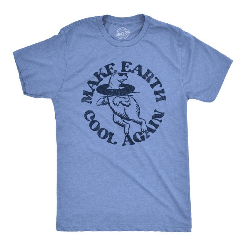 Mens Make Earth Cool Again T Shirt Funny Polar Bear Inner Tube Relaxing Graphic Novelty Tee For Guys Mens Funny T Shirts Cool Tees Soft Stylish Casual Menswear Environmental Apparel for Men Funny Light Blue