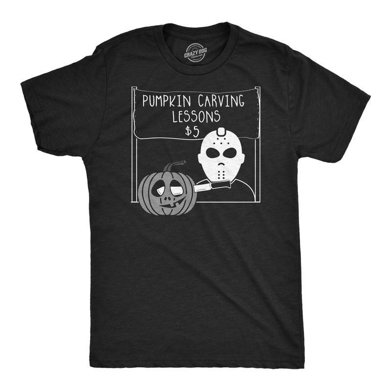 Mens Pumpkin Carving Lessons Horror T Shirt Funny Halloween Shirt for Guys Mens Funny T Shirts Cool Tees Soft Stylish Casual Menswear Halloween Apparel for Men Novelty Tees for Guys Black -