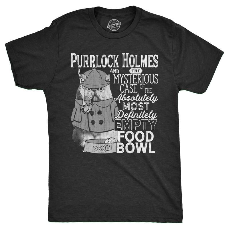 Mens Purrlock Holmes T Shirt Funny Kitty Cat Private Detective Joke Tee For Guys Mens Funny T Shirts Cool Tees Soft Stylish Casual Menswear Sarcastic T Shirt for Men Funny Cat T Shirt Novelty Tees for Black -