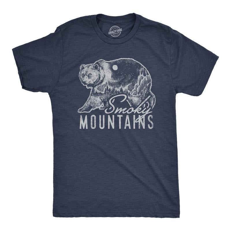 Mens Retro Smoky Mountains T Shirt Funny Camping Vintage Graphic Design Tee Guys Mens Funny T Shirts Cool Tees Soft Stylish Casual Menswear Vintage Apparel for Men Funny Camping Short Sleeve Novelty Navy