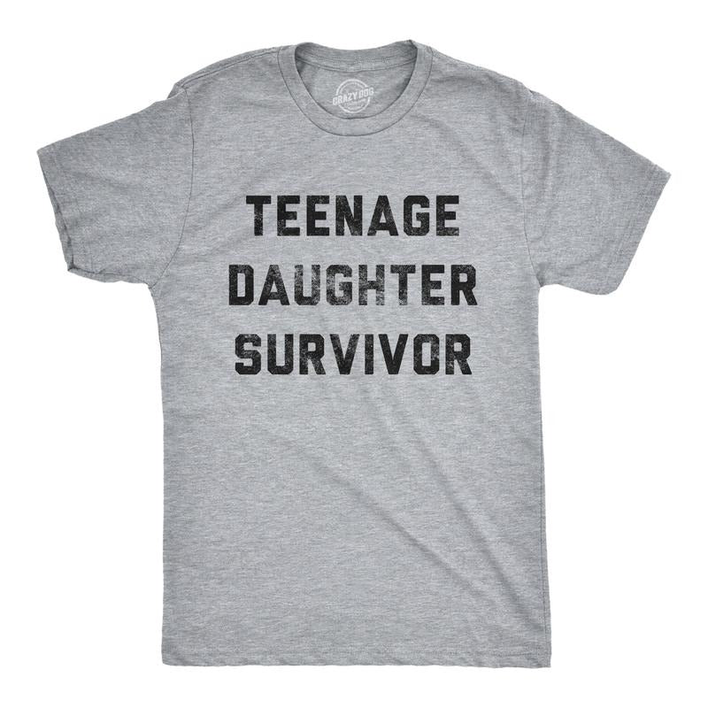 Mens Teenage Daughter Survivor T shirt Funny Fathers Day Tee for Dad Mens Funny T Shirts Cool Tees Soft Stylish Casual Menswear Dad Joke Apparel for Men Funny Sarcastic Short Sleeve Novelty Tees for Light Grey