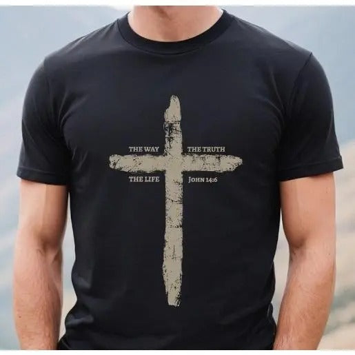 Mens The Way The Truth The Life Cross Tshirt, Christian Dad Fathers Faith Tee Shirt Gift, Rugged Cross Shirt Made in USA