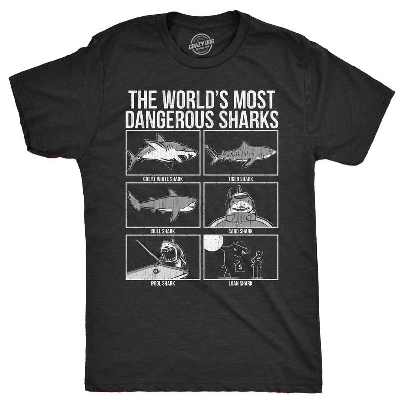 Mens The Worlds Most Dangerous Sharks T Shirt Funny Card Pool Loan Shark Joke Tee for Guys Mens Funny T Shirts Cool Tees Soft Stylish Casual Menswear Sarcastic Apparel for Men Funny Animal Short Black -
