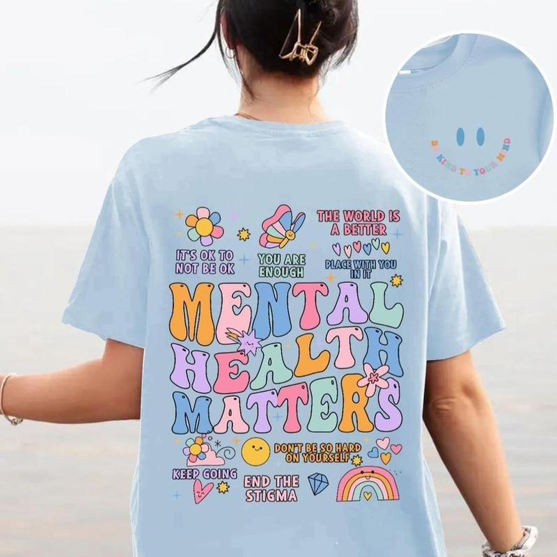 Mental Health Matters Slogan T-Shirt, Streetwear Cartoon Smile Face & Letter Print Drop Shoulder T-shirt, Back To School Clothes, Lady Clothes for All Seasons, Gift For All