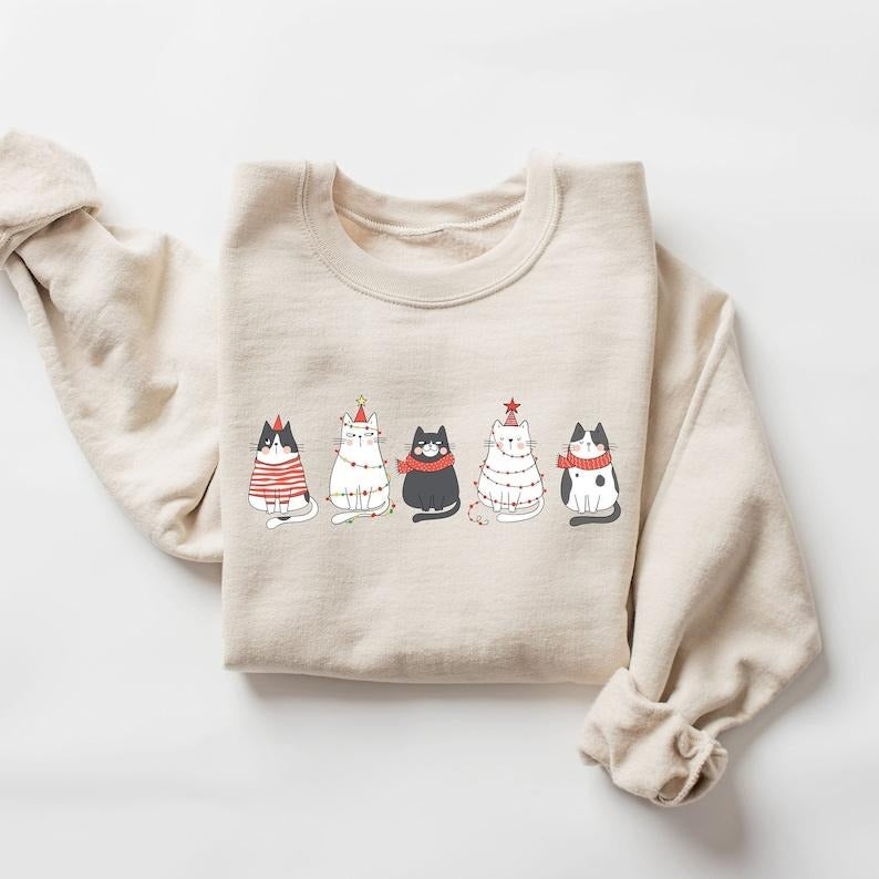 Meowy Christmas Sweatshirt, Christmas Sweatshirt, Cat Lover Gift, Funny Christmas Cat Sweater, Holiday Hoodie, Cat Mom Sweater, Hoodie and Sweater; T-shirt Cotton Menswear
