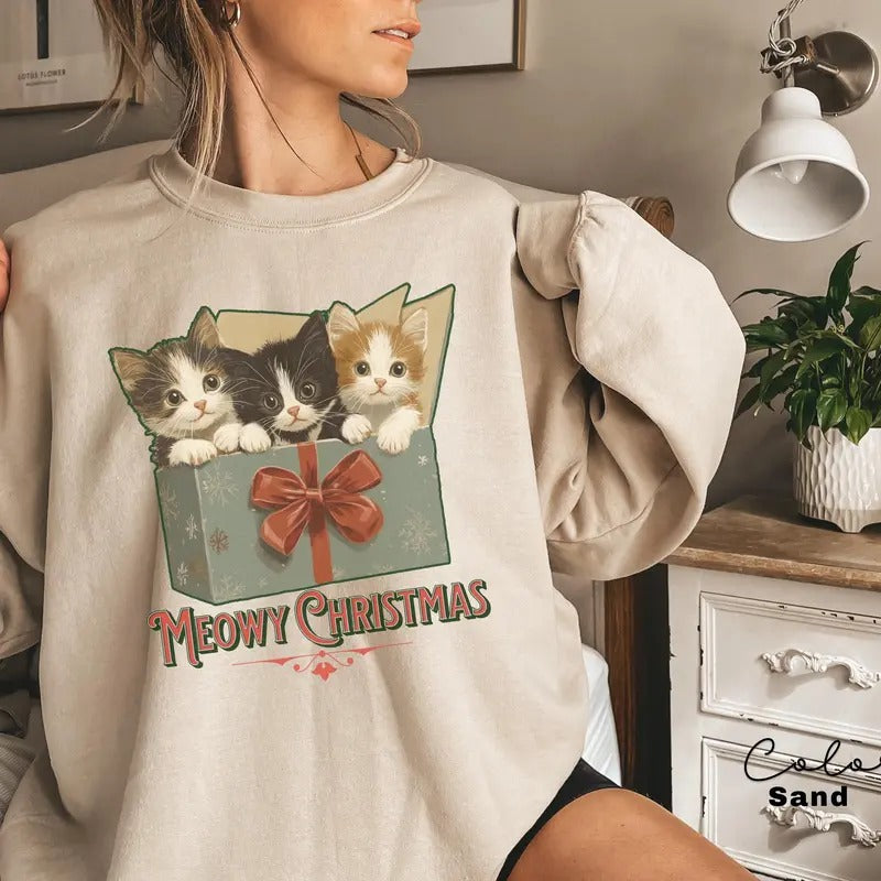 Meowy Christmas Sweatshirt, Vintage 90s Cat Crhistmas,Funny Christmas Cat Shirt, Retro Cat,Cat Lover Christmas Shirt, Retro Christmas