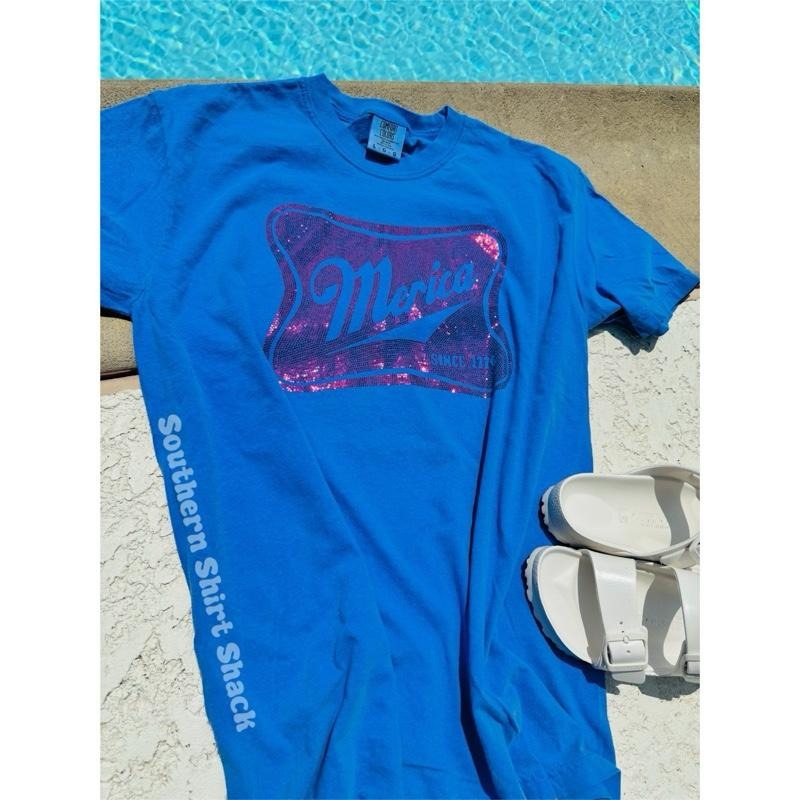 Merica Flat Sparkle T shirt | Flo Blue comfort colors t shirt | 4th of July shirt | Graphic Tee