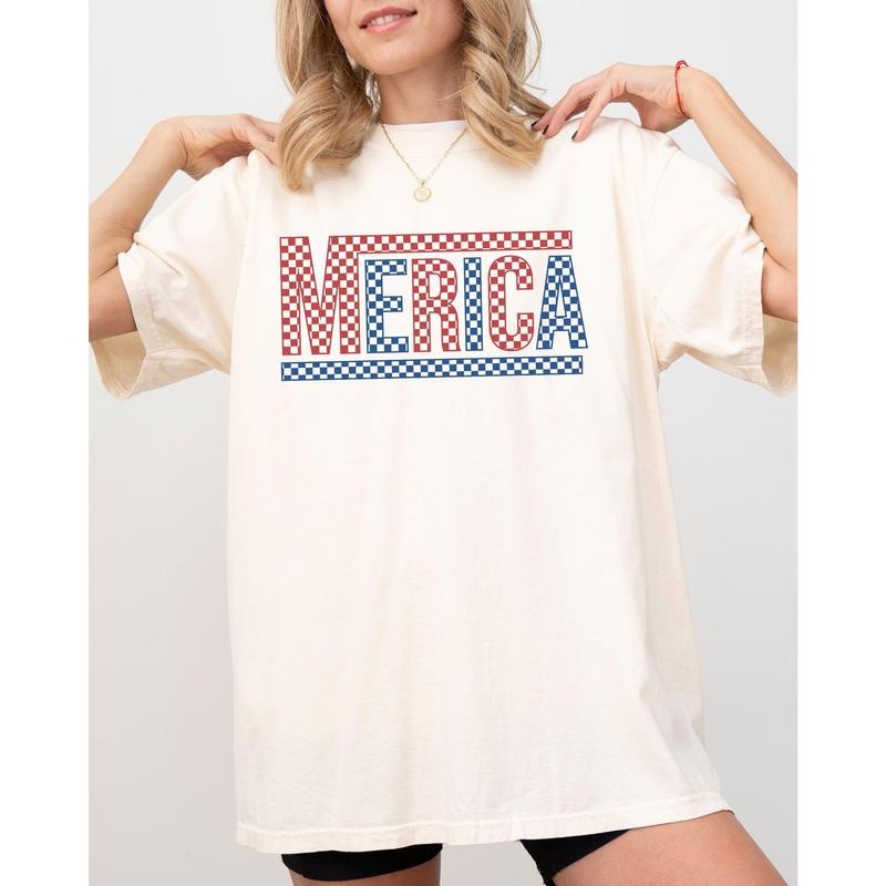 Merica, America, Retro, Checkered, Independence Day, USA, 4th Of July, Fourth Of July Tshirt, Women's Comfort Color Tee,...