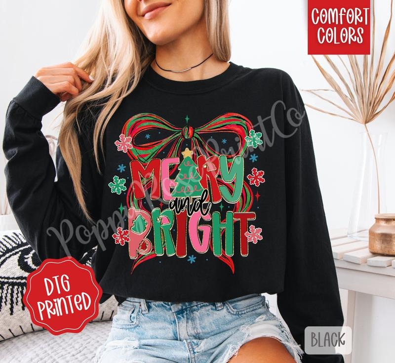 Merry & Bright Bow Comfort Colors Long Sleeve T-Shirt, Cute Women's Christmas Tee