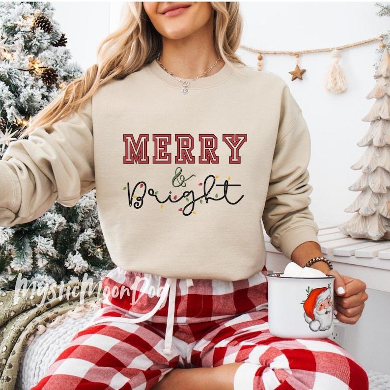 Merry & Bright Christmas Sweatshirt, Christmas Shirts, Cute Festive Sweater, Christmas Shirt, Christmas Crewneck Sweatshirt Holiday Sweater