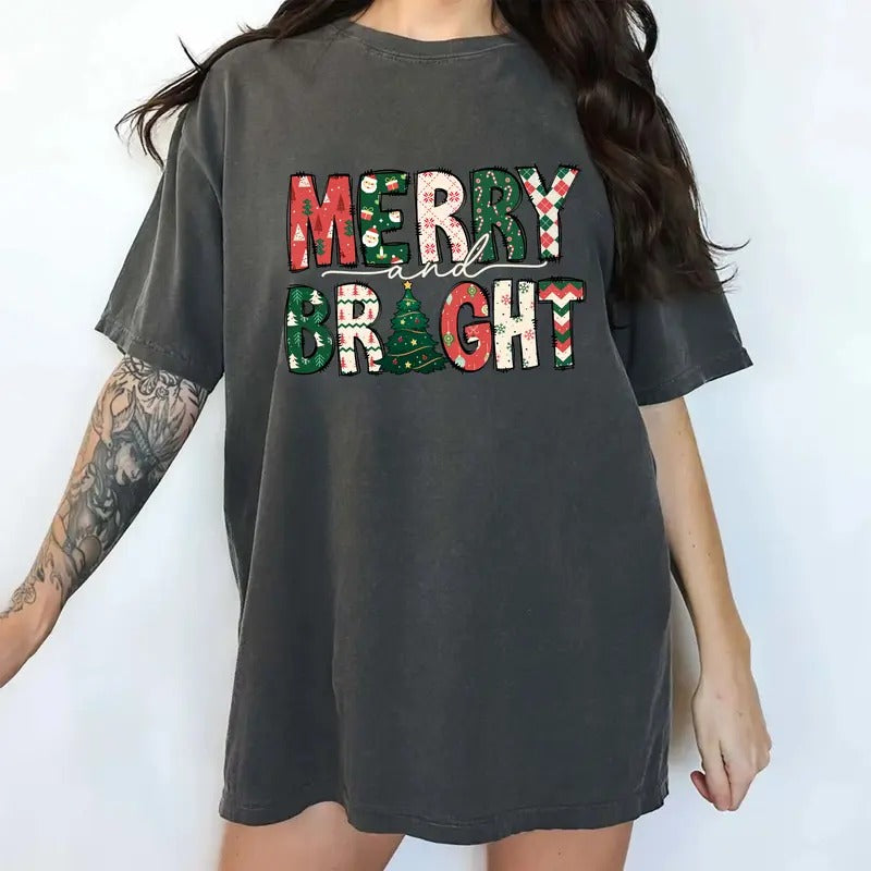 Merry And Bright Comfort Colors Shirt, Merry Christmas Unhinged Tees, Christmas Vibes Oversized Graphic Tee, Christmas Women T-shirt