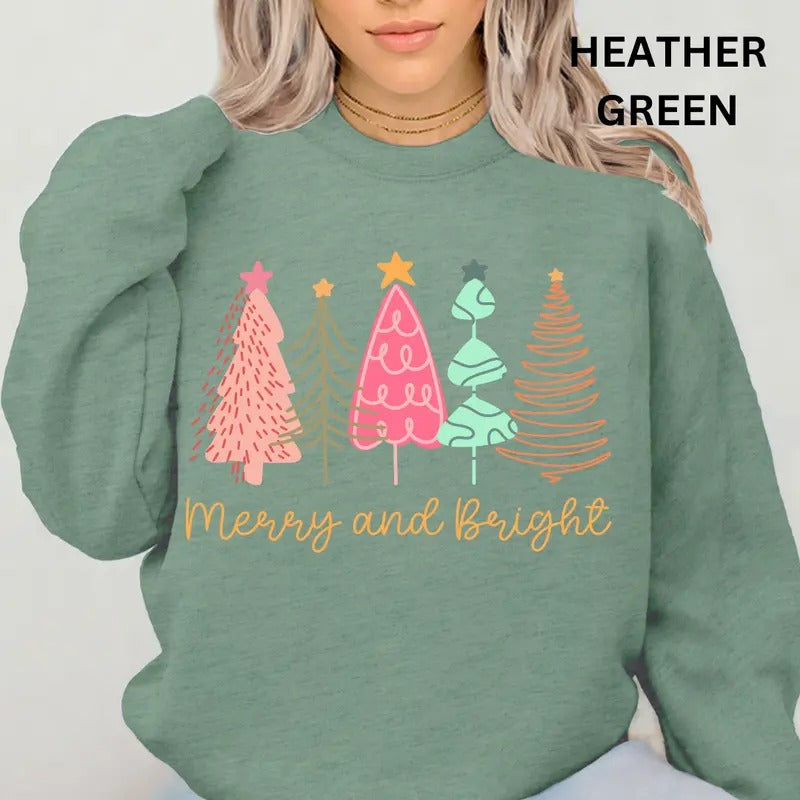 Merry And Bright Tree Crewneck, Merry Christmas Sweatshirt, Holiday Christmas Sweatshirt, Winter Season Graphic, Casual Cotton Crewneck, Polyester, Oversized