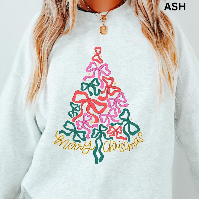 Merry Bow Christmas Tree Sweatshirt, Winter Graphic Sweatshirt Casual Cotton Polyester Oversized sweatshirt - Comfort Crewneck Menswear Womenswear