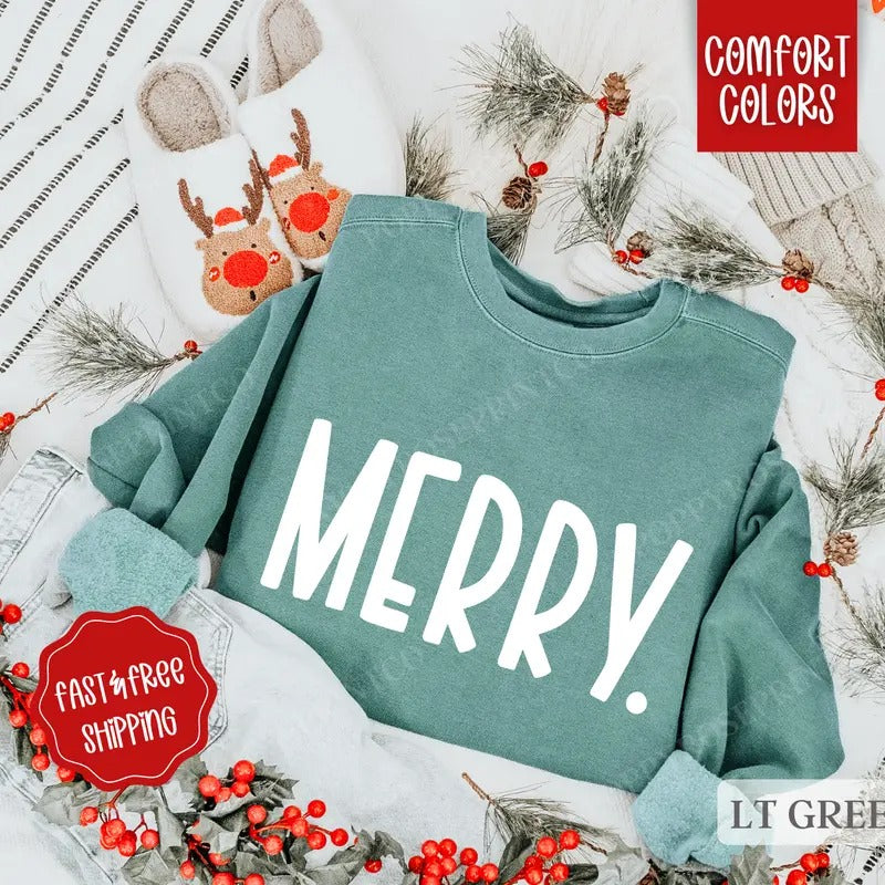 Merry Christmas Comfort Colors Sweatshirt, Xmas Sweater Womenswear, Holiday Crewneck