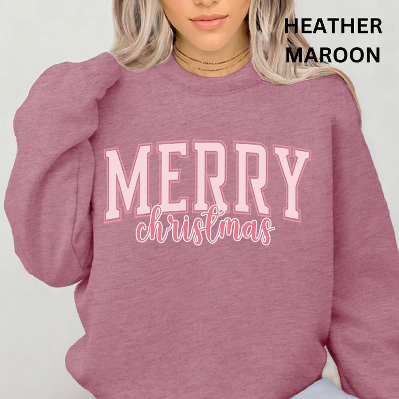 Merry Christmas Pink Varsity Crewneck, Merry Christmas Sweatshirt, Holiday Christmas Sweatshirt, Winter Season Graphic, Casual Cotton Crewneck, Polyester, Oversized