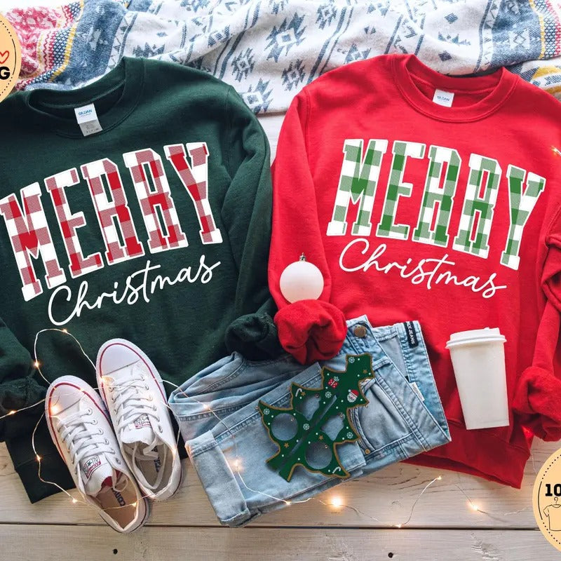 Merry Christmas Sweatshirt Hoodie T-shirt, Buffalo Plaid Sweater, Christmas Family crewneck, Xmas Gift Idea, Woman Xmas Shirt, Cute Winter Holiday Sweater