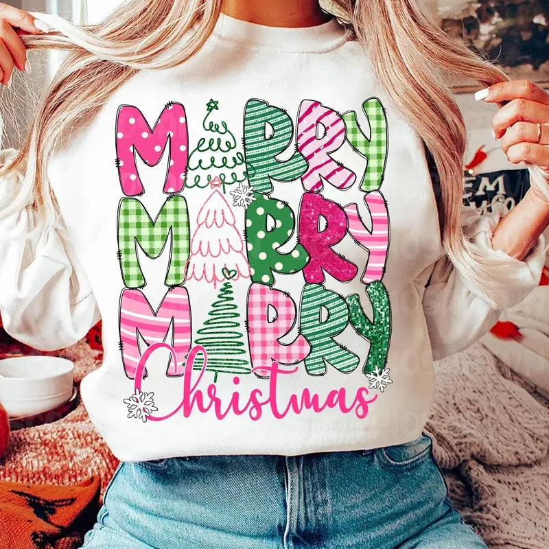 Merry Christmas T-Shirt - Pink Christmas Coquette Bow Merry and Bright Sweatshirt, Holiday Clothing, Unisex