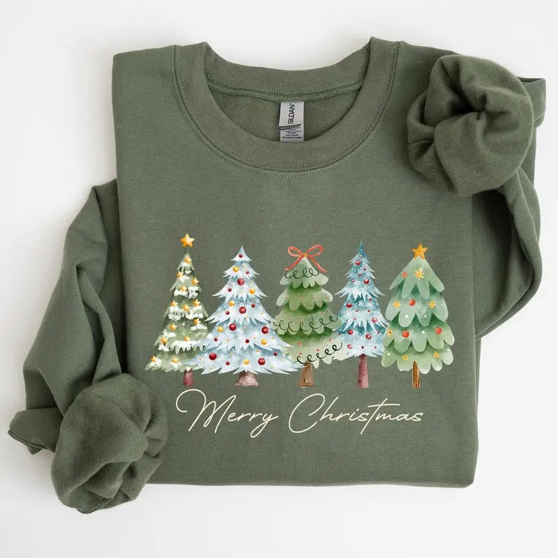 Merry Christmas, Tree, Colorful, Winter, Santa Sweatshirt, Crew Neck, Women's, Crewneck T-Shirts, Hoodie | WearSparks.com
