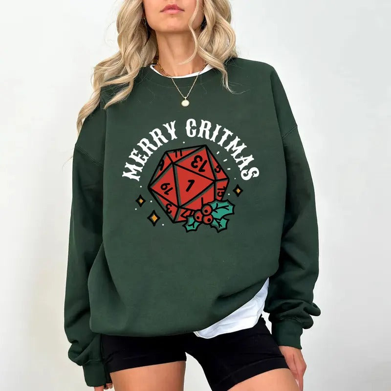 Merry Critmas DND NAT 1 Sweatshirt Tshirt Hoodie, Dungeons and Dragons Christmas Sweatshirt, Christmas Sweatshirt For DnD Fans, Polyhedral Dice Xmas Hoodie, Christmas Sweater, DnD and Pathfinder Gift, Dungeon Master Shirt, Dnd Christmas Shirt