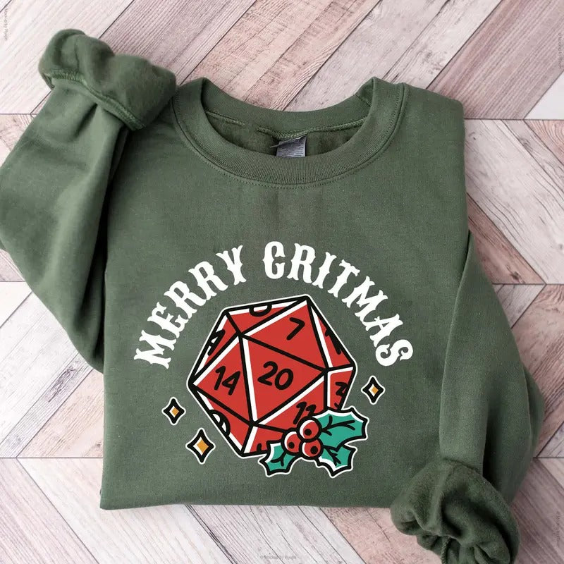 Merry Critmas Dungeons and Dragons Christmas DnD Role Playing Polyhedral Dice D20 Christmas Season Graphic Printed Unisex Classic Sweatshirt Hoodie