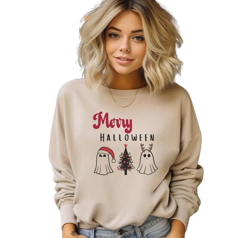 Merry Halloween Sweatshirt, Halloween And Christmas Shirt, Christmas Sweatshirt, Long Sleeve Crewneck Shirt, Christmas Gifts For Guys, Merry Christmas Shirt, Gifts For Secret Santa Christmas Fit Unisex Womenswear Comfortable