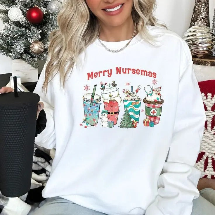 Merry Nursemas Christmas Sweatshirt For Nurse, Crewneck, Coffee Sweatshirt, Coffee Lover Gift, Holiday Sweater, Xmas Tee