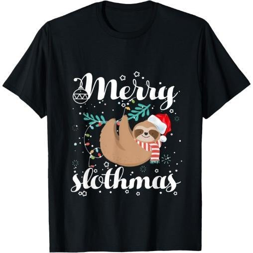 Merry Slothmas Christmas Pajama for Sloth Lovers T-Shirt Made in USA