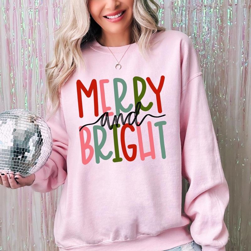 Merry and Bright, Colorful Christmas, Winter, Santa, Xmas Sweatshirt, Women's Crew Neck, Crewneck T-Shirts, Hoodie