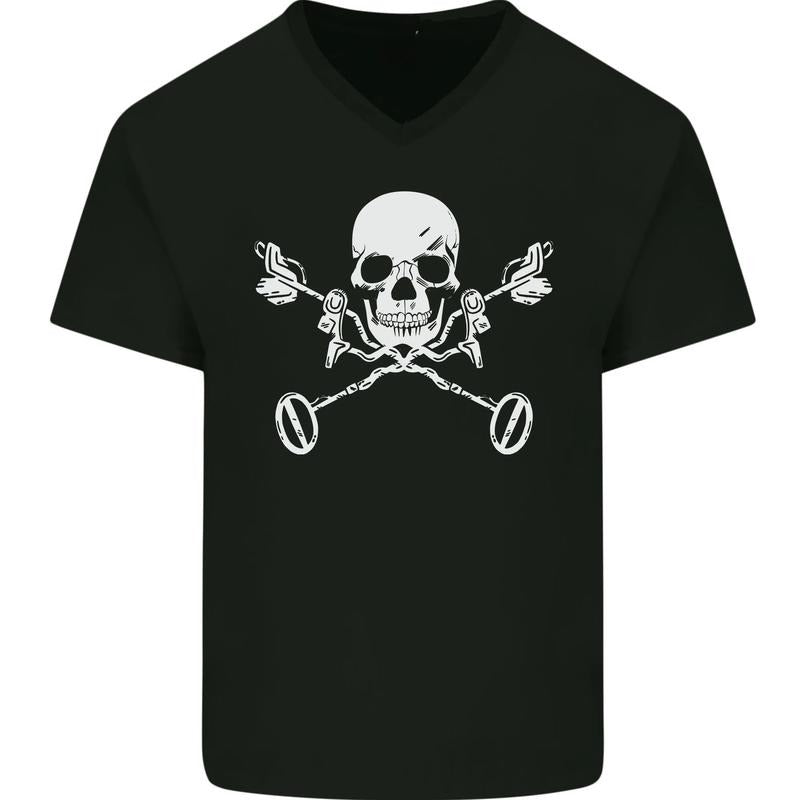 Metal Detector Skull Detecting Mens V-Neck Cotton T-Shirt Made in USA