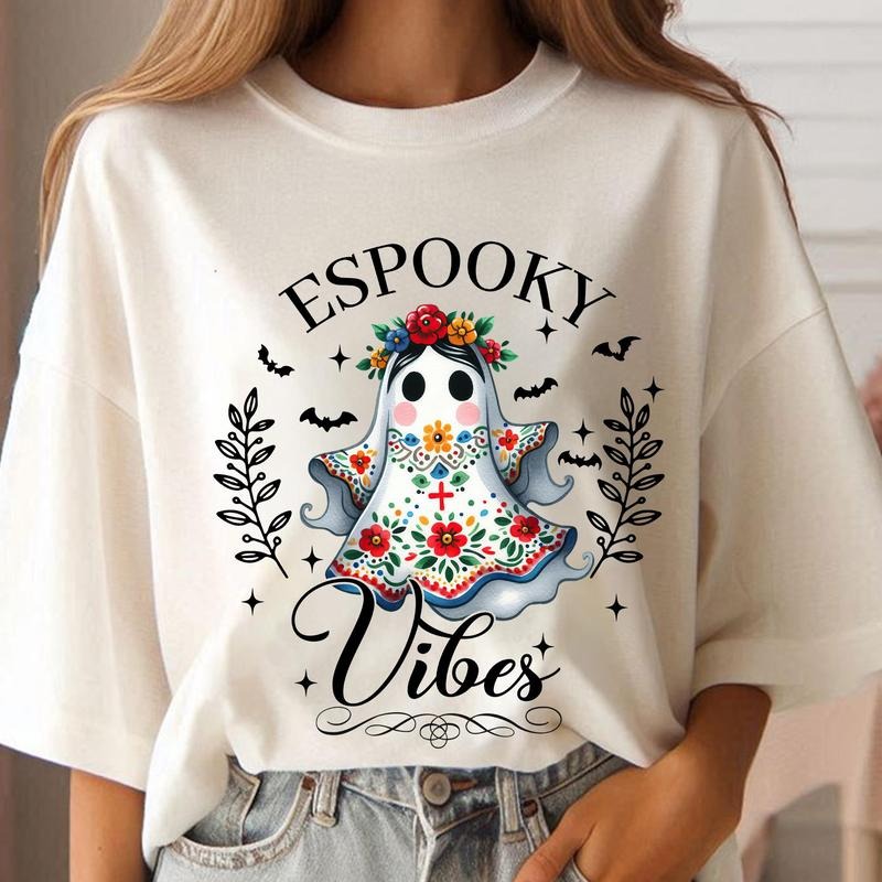 Mexican Halloween Espooky Vibes Mexican Boo Ghost T-shirt T-shirt, Aqui Espantan Concha Conchas Ghost T-shirt, Regalos Es Espanol, Trendy Hispanic Halloween Spooky Latina Season Unisex Cotton T-shirt for Women for Men Womenswear Menswear Top