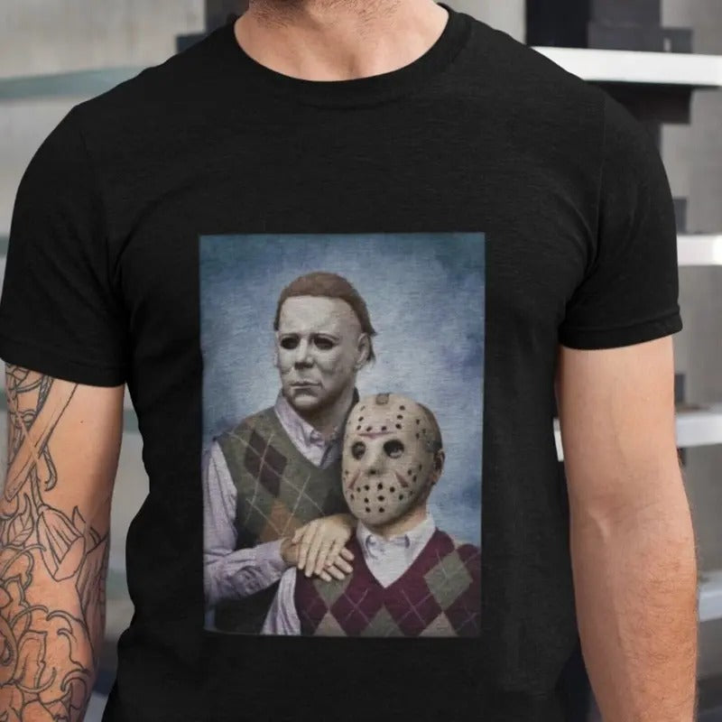 Michaeel Myerrs and Jasoon Voorheess Step Brothers Movie Funny Shirts, Brothers Family Portrait, Horror Movie Characters, Gifts for Friend, Gift for men and women