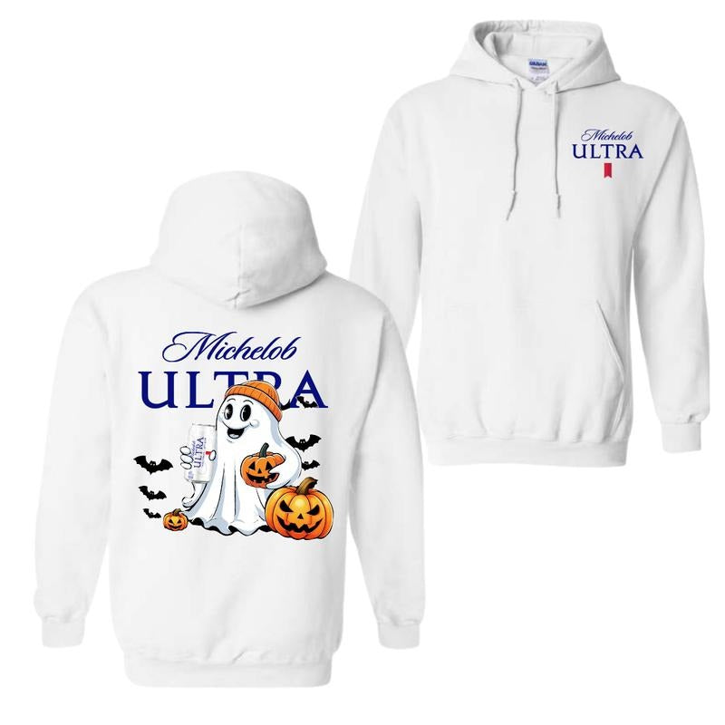 Michelob Ultra Ghost Cute Halloween 2 Sided Hoodie T-Shirt, For Men And Women, Halloween Cute Ghost Trendy Hoodie