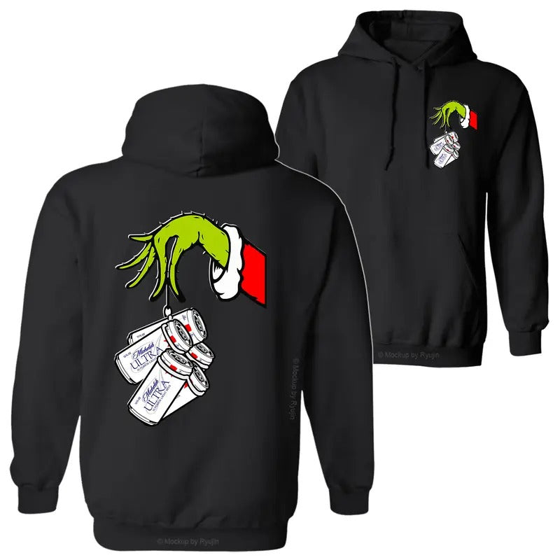 Michelob Ultra The Grin Hand Holding Michelob Beer Cans Green Guy Christmas 2 Sided Graphic Printed Unisex Classic Cotton Crewneck Hoodie Sweatshirt