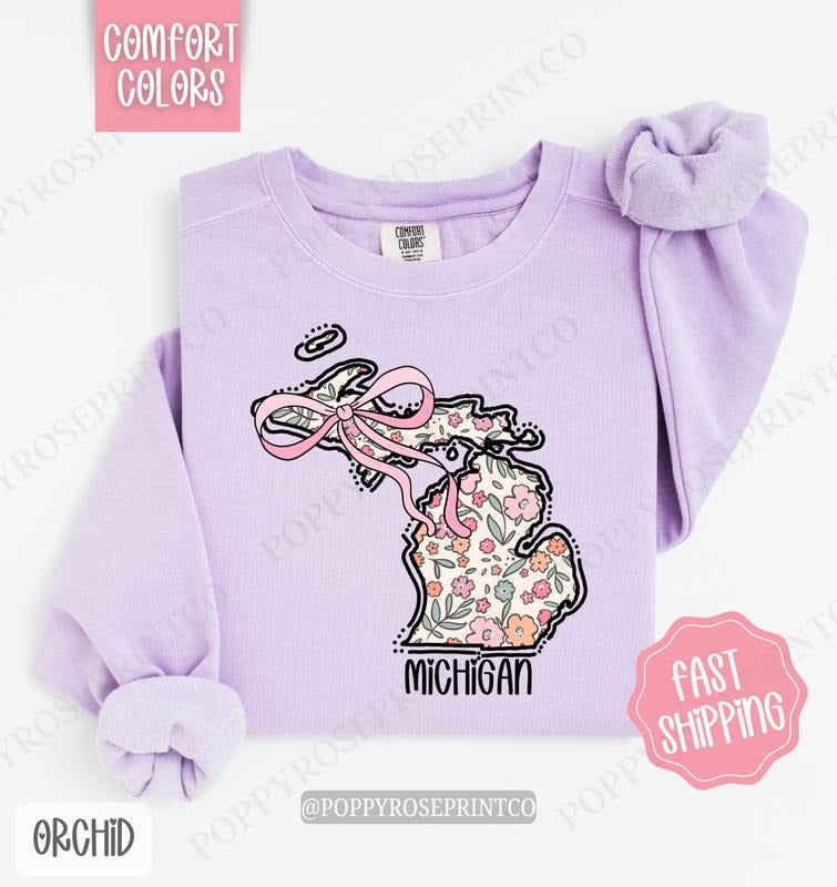 Michigan Floral Comfort Colors Sweatshirt, Michigan Sweatshirt, Cute Bow Michigan Sweatshirt